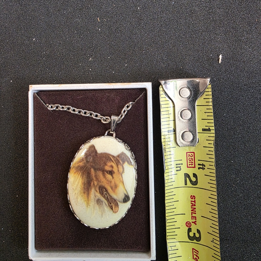 Stanley Silver-Tone Oval Dog Portrait Necklace with Brown Artwork